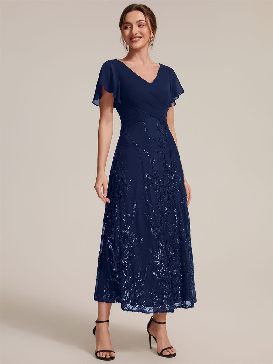 Chiffon Ruffle Sleeve A-line Dress #color_Navy Blue