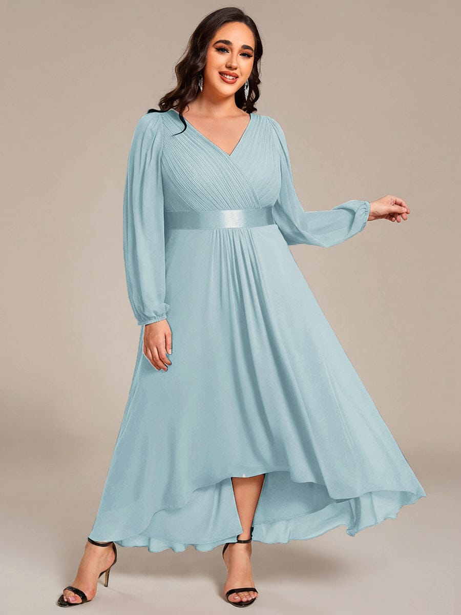 Chiffon Long Sleeve Empire Waist Midi Evening Dress #color_Sky Blue