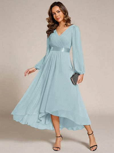 Chiffon Long Sleeve Empire Waist Midi Evening Dress #color_Sky Blue