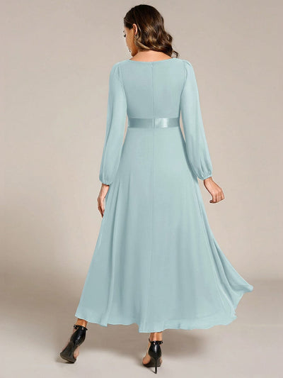 Chiffon Long Sleeve Empire Waist Midi Evening Dress #color_Sky Blue