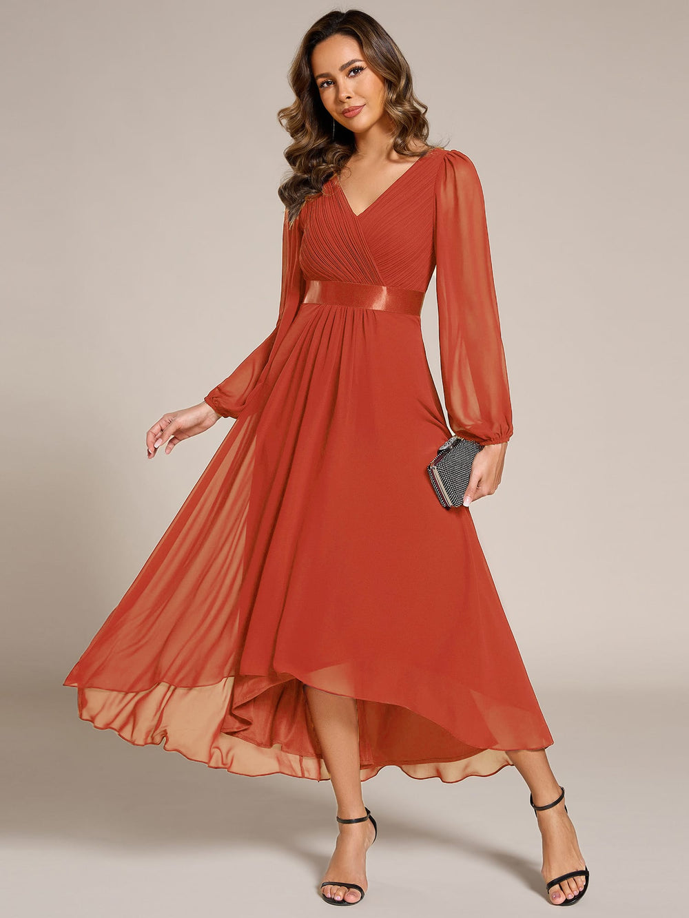Empire Waist Long Sleeve Chiffon Midi Evening Dress