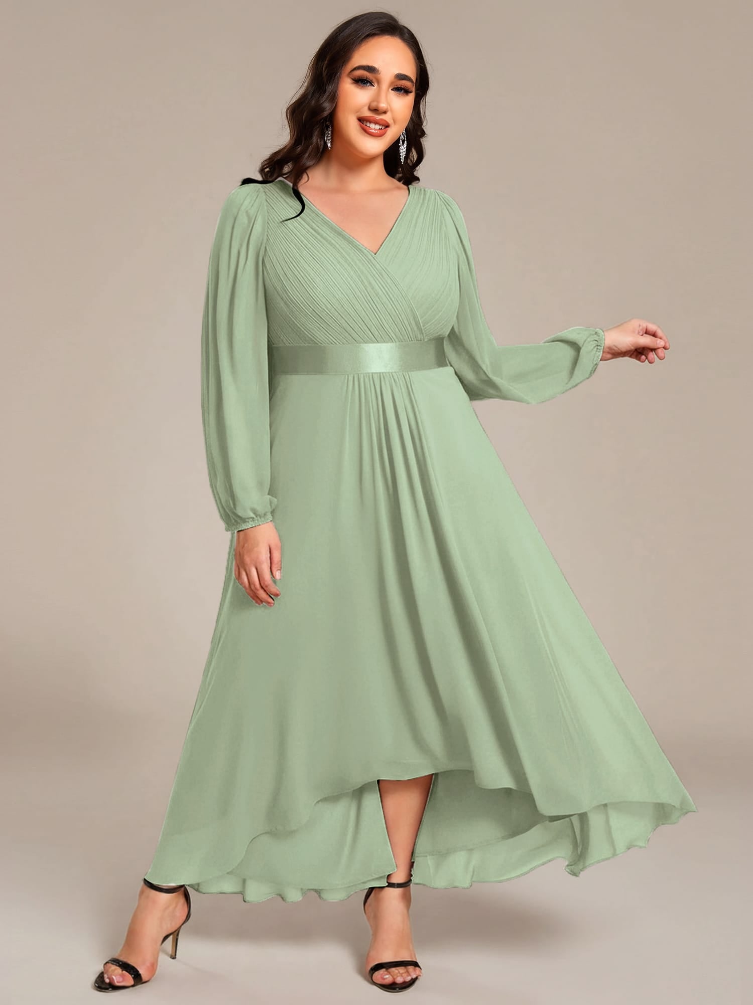 Chiffon Long Sleeve Empire Waist Midi Evening Dress #color_Mint Green