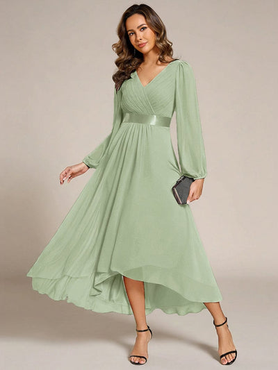 Chiffon Long Sleeve Empire Waist Midi Evening Dress #color_Mint Green