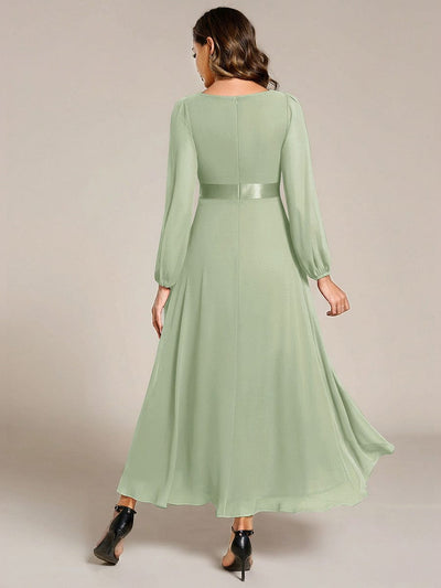 Chiffon Long Sleeve Empire Waist Midi Evening Dress #color_Mint Green