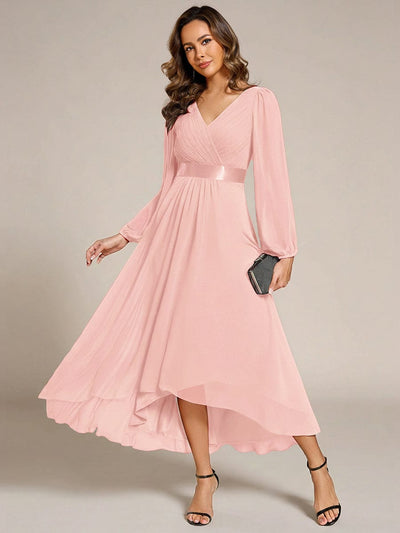 Chiffon Long Sleeve Empire Waist Midi Evening Dress #color_Pink