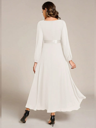 Chiffon Long Sleeve Empire Waist Midi Evening Dress #color_White