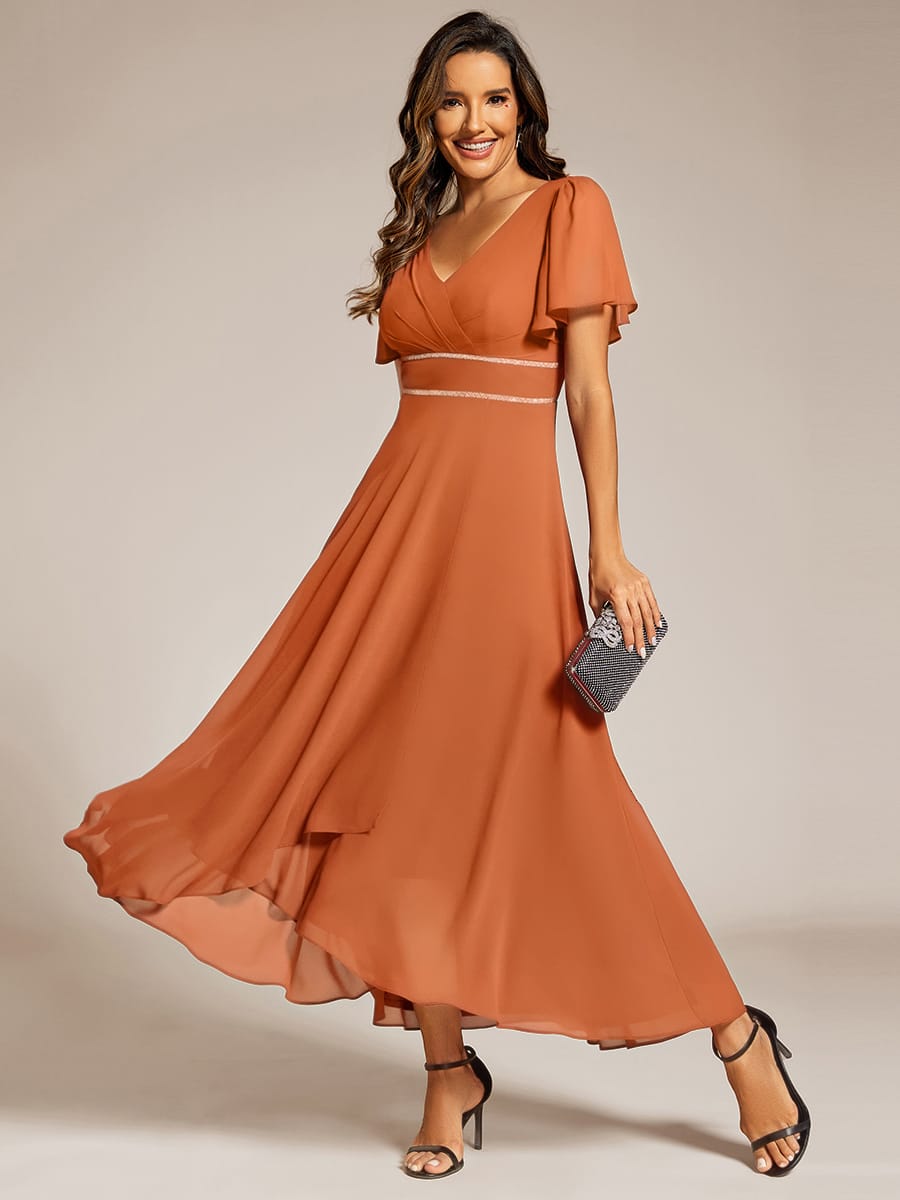 Chiffon Ruffle Sleeves Rhinestone Waist High-Low Evening Dress For Wedding #color_BM