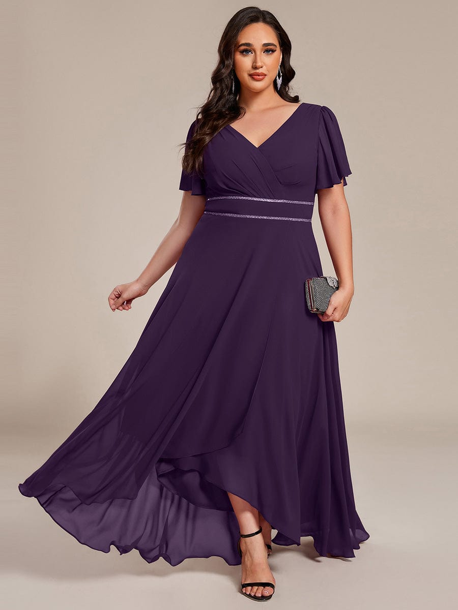 Chiffon Ruffle Sleeves Rhinestone Waist High-Low Evening Dress For Wedding #color_Dark Purple