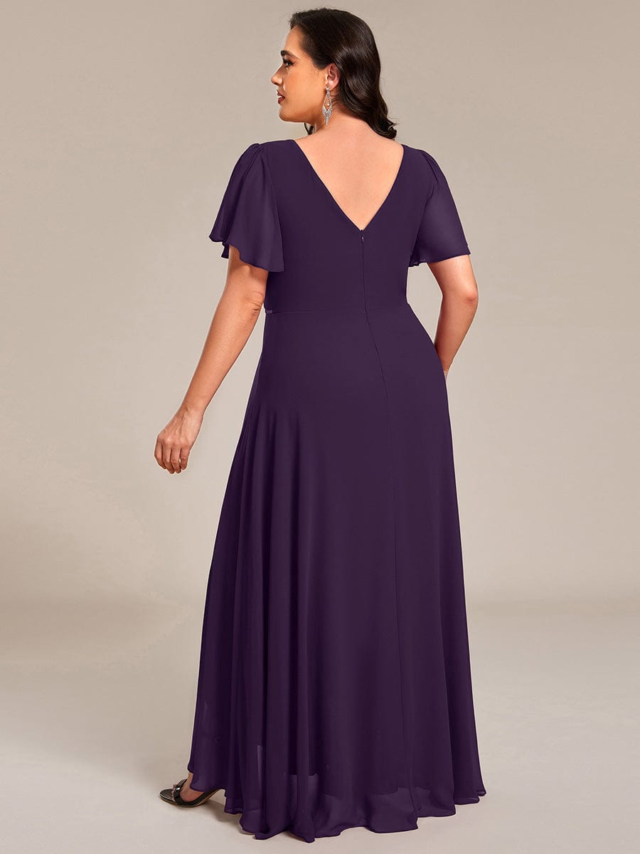 Chiffon Ruffle Sleeves Rhinestone Waist High-Low Evening Dress For Wedding #color_Dark Purple
