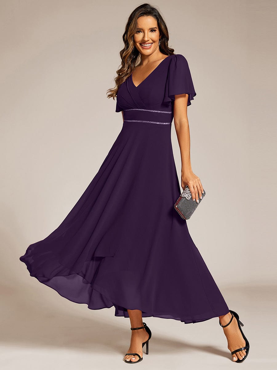Chiffon Ruffle Sleeves Rhinestone Waist High-Low Evening Dress For Wedding #color_Dark Purple