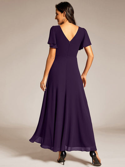 Chiffon Ruffle Sleeves Rhinestone Waist High-Low Evening Dress For Wedding #color_Dark Purple
