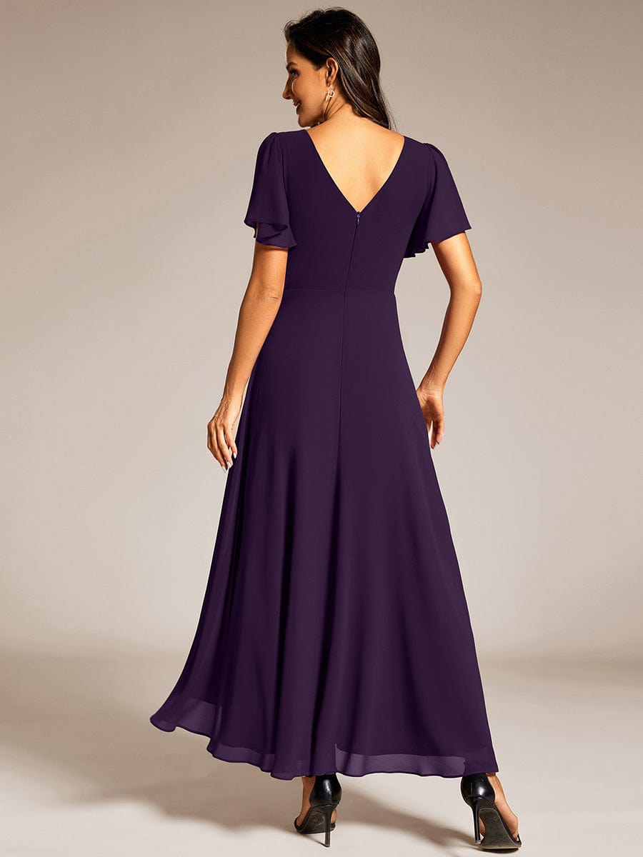 Chiffon Ruffle Sleeves Rhinestone Waist High-Low Evening Dress For Wedding #color_Dark Purple
