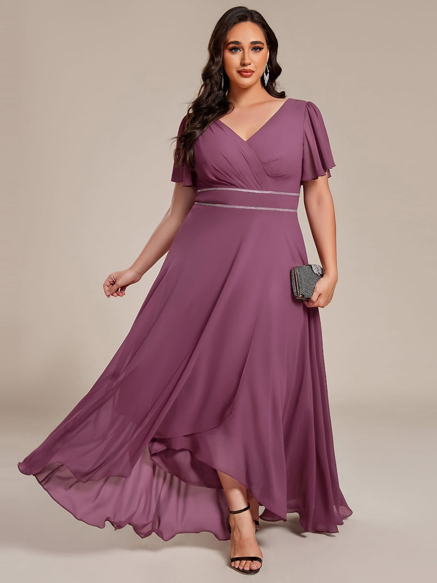 Chiffon Ruffle Sleeves Rhinestone Waist High-Low Evening Dress For Wedding #color_DS