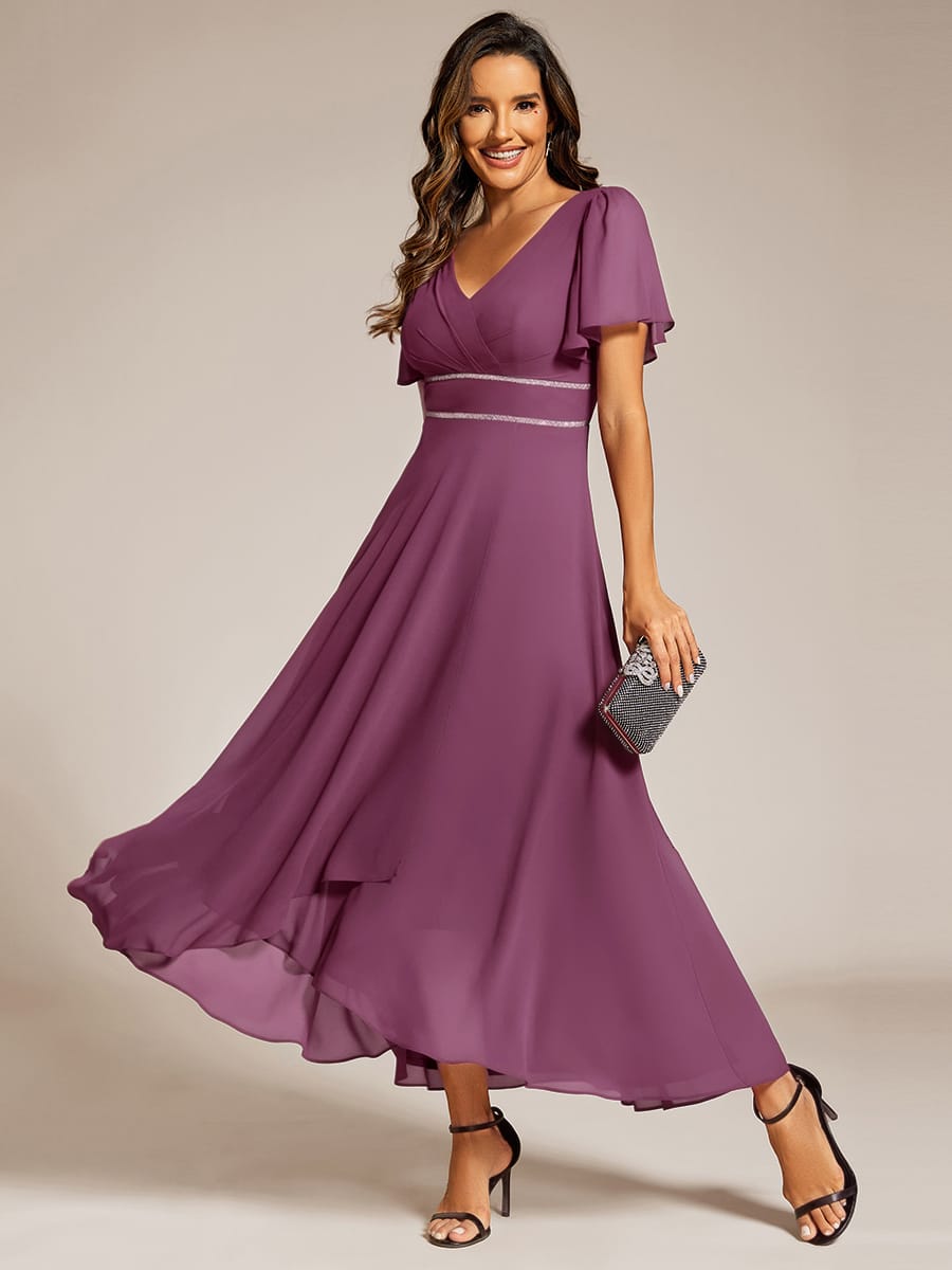 Chiffon Ruffle Sleeves Rhinestone Waist High-Low Evening Dress For Wedding #color_DS