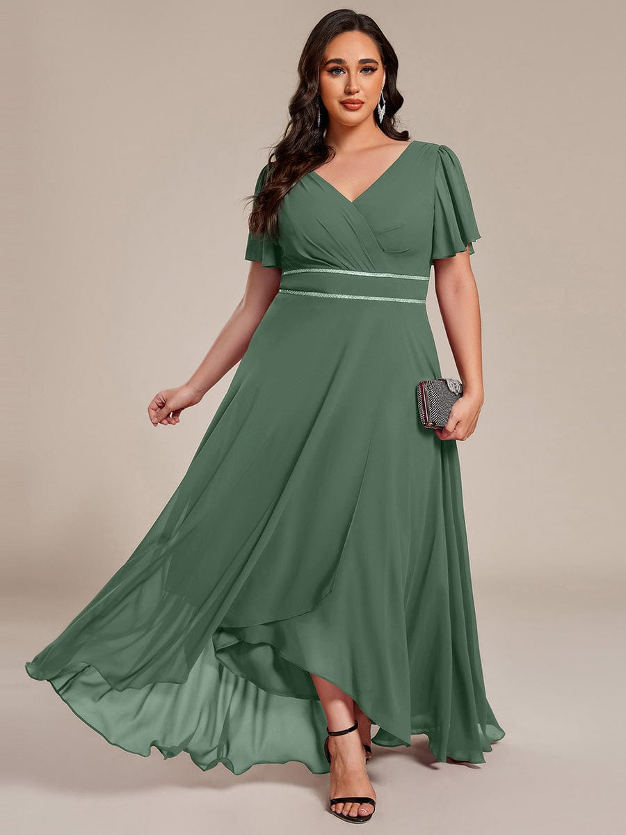Chiffon Ruffle Sleeves Rhinestone Waist High-Low Evening Dress For Wedding #color_Eucalyptus Green