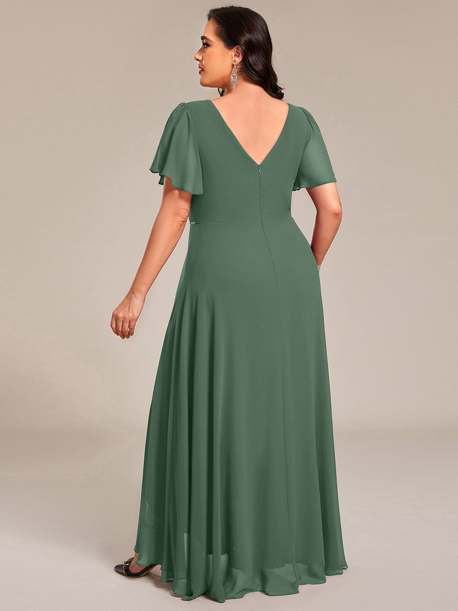 Chiffon Ruffle Sleeves Rhinestone Waist High-Low Evening Dress For Wedding #color_Eucalyptus Green