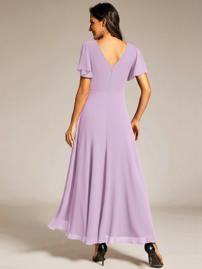Chiffon Ruffle Sleeves Rhinestone Waist High-Low Evening Dress For Wedding #color_Frosted Lilac