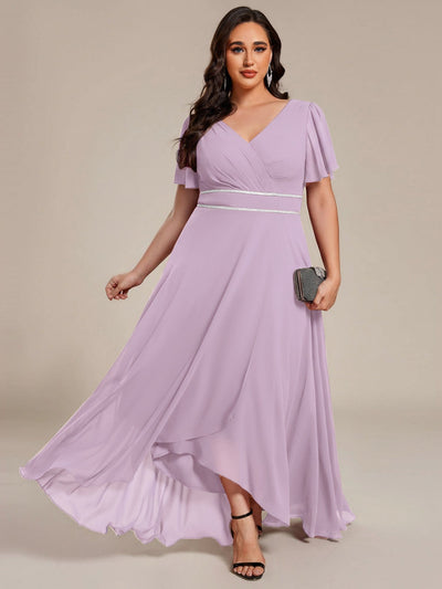 Chiffon Ruffle Sleeves Rhinestone Waist High-Low Evening Dress For Wedding #color_Frosted Lilac