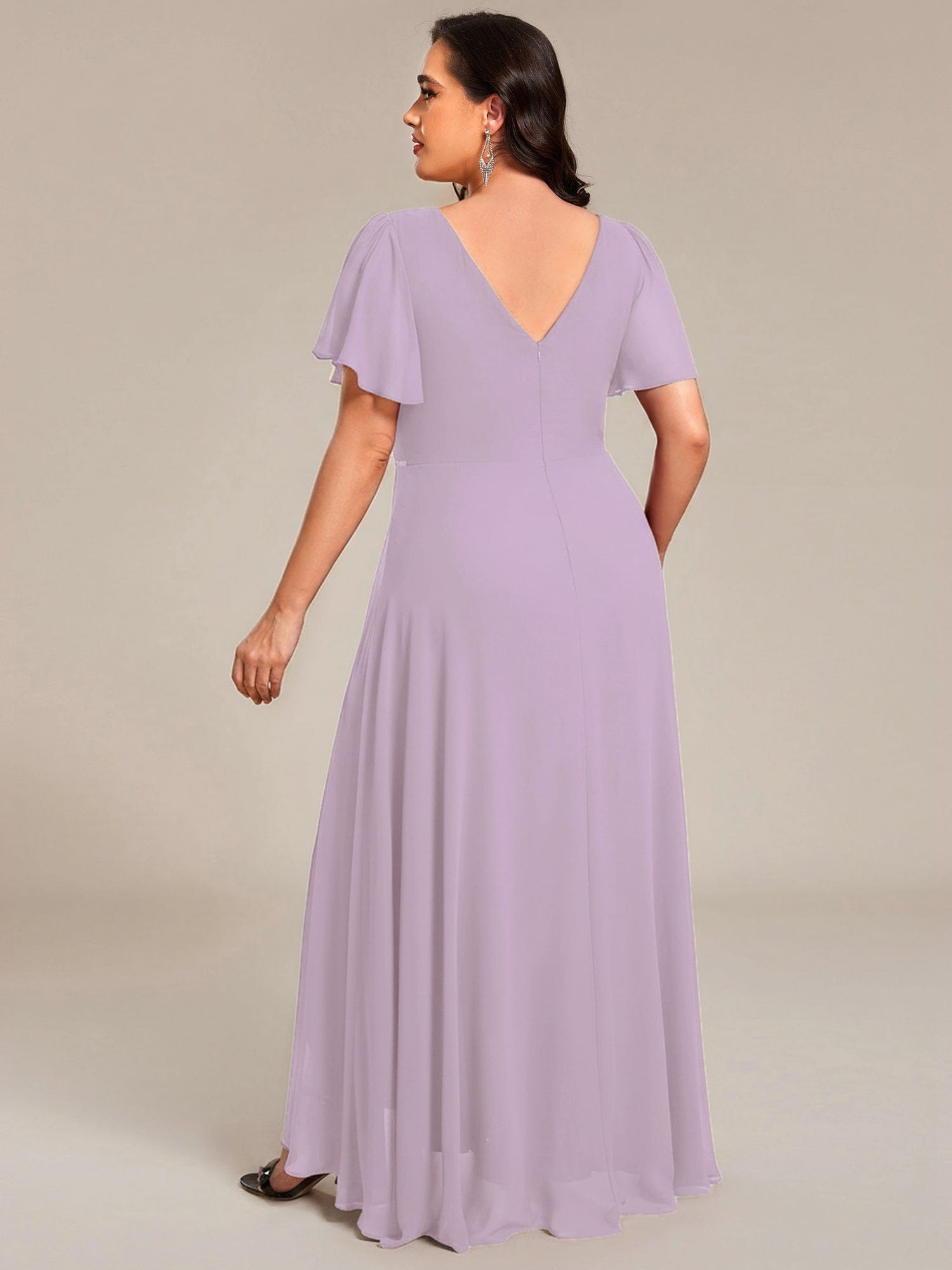 Chiffon Ruffle Sleeves Rhinestone Waist High-Low Evening Dress For Wedding #color_Frosted Lilac