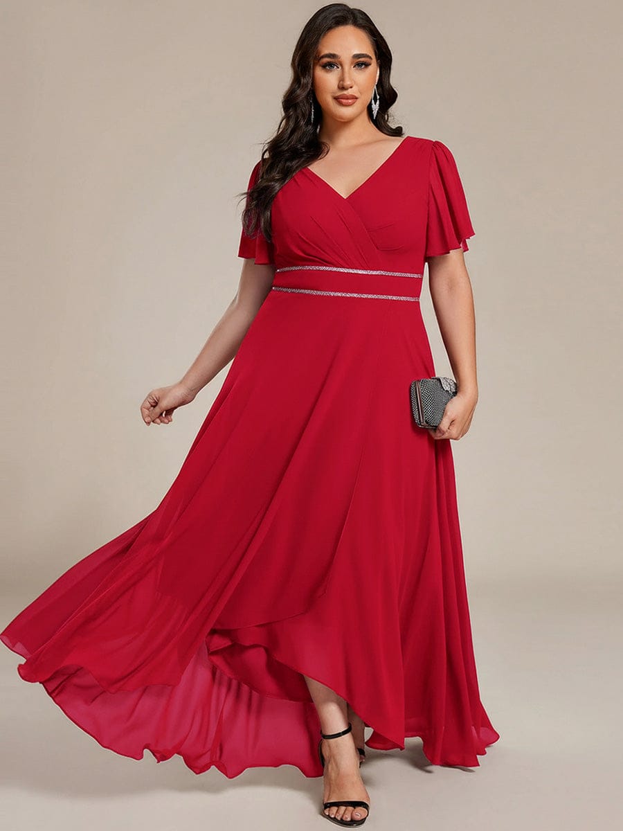 Chiffon Ruffle Sleeves Rhinestone Waist High-Low Evening Dress For Wedding #color_Red
