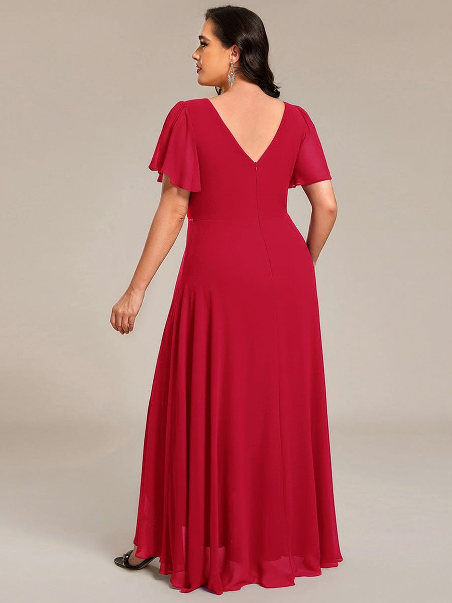 Chiffon Ruffle Sleeves Rhinestone Waist High-Low Evening Dress For Wedding #color_Red