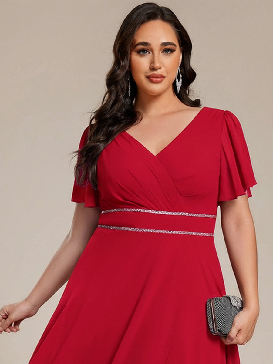 Chiffon Ruffle Sleeves Rhinestone Waist High-Low Evening Dress For Wedding #color_Red