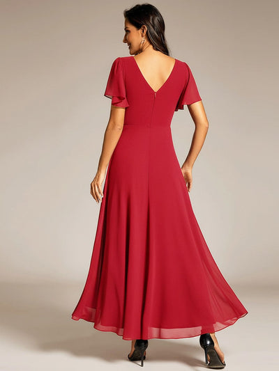 Chiffon Ruffle Sleeves Rhinestone Waist High-Low Evening Dress For Wedding #color_Red