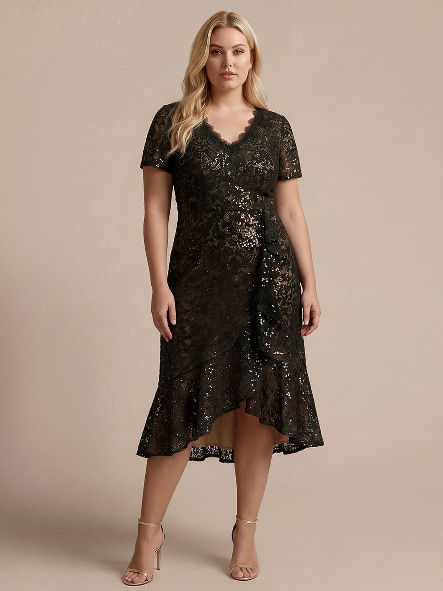 Sequin Lace Puff Sleeve Dress #color_Black