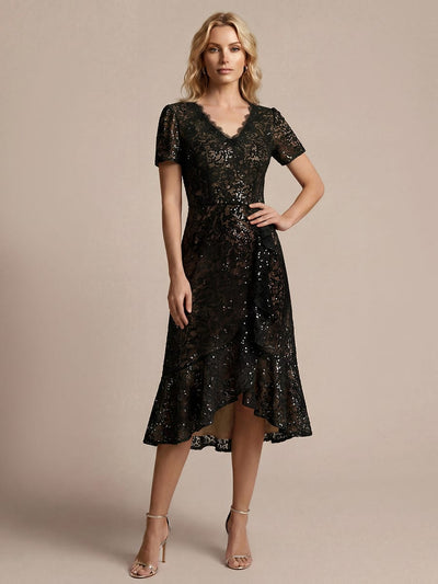 Elegant Ruched Sleeve Sequin Lace V-Neck High-Low Hem Formal Gown