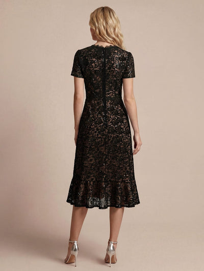 Elegant Ruched Sleeve Sequin Lace V-Neck High-Low Hem Formal Gown
