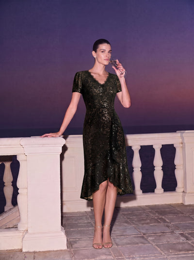Elegant Ruched Sleeve Sequin Lace V-Neck High-Low Hem Formal Gown