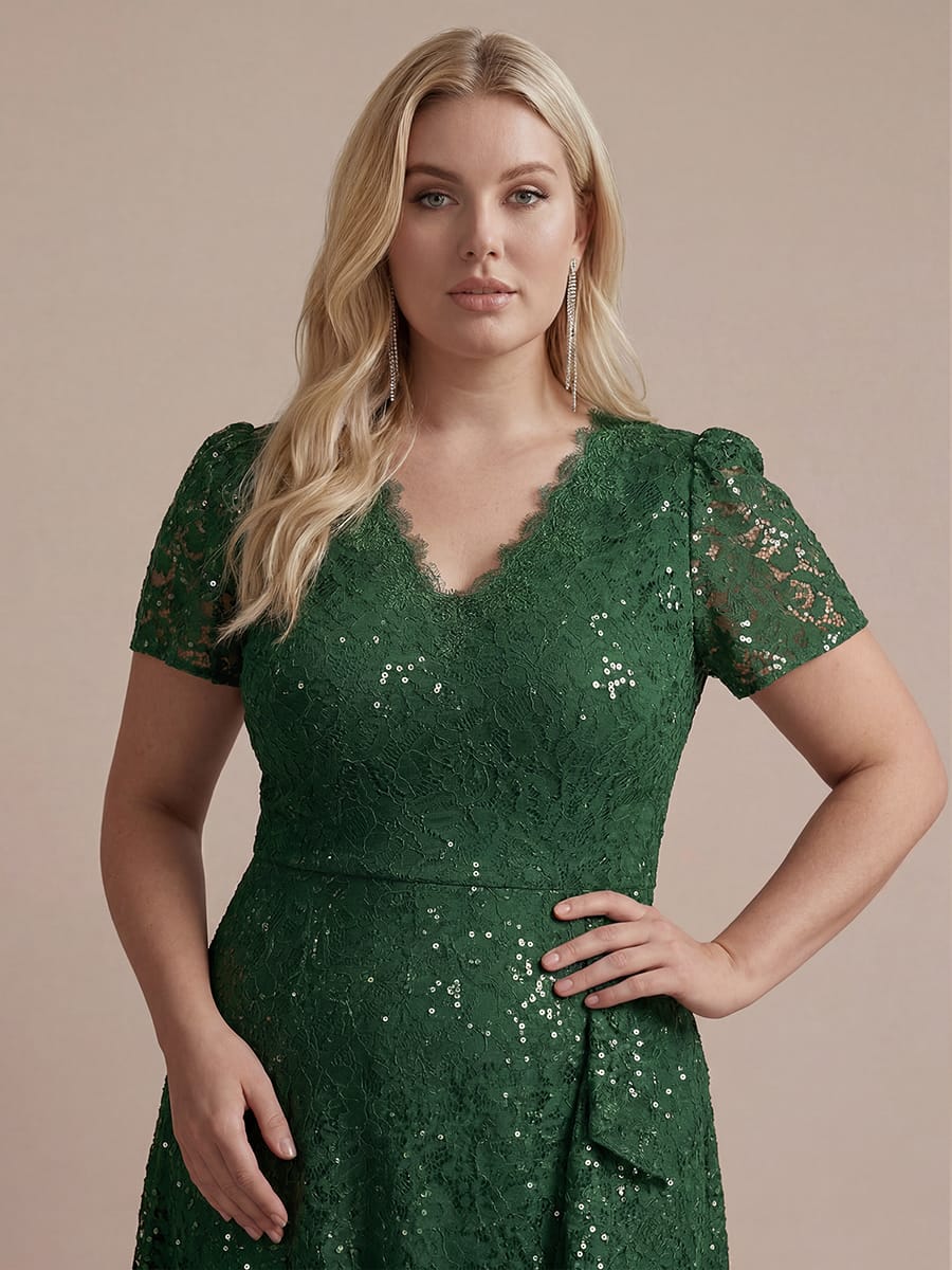 Sequin Lace Puff Sleeve Dress #color_Dark Green