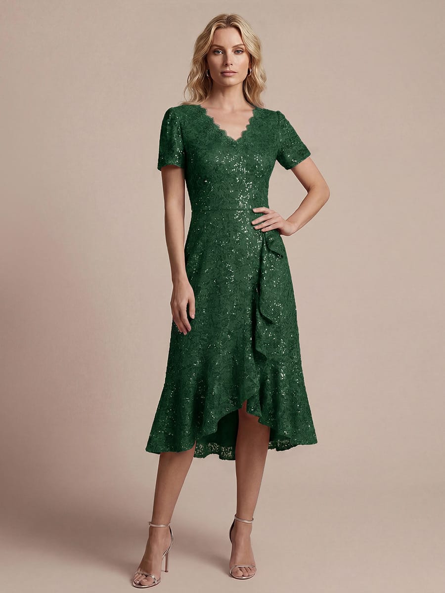 Sequin Lace Puff Sleeve Dress #color_Dark Green