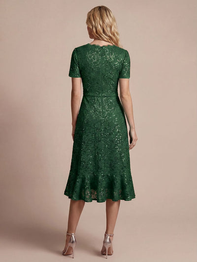 Elegant Ruched Sleeve Sequin Lace V-Neck High-Low Hem Formal Gown