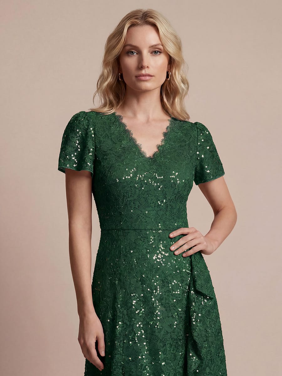 Sequin Lace Puff Sleeve Dress #color_Dark Green