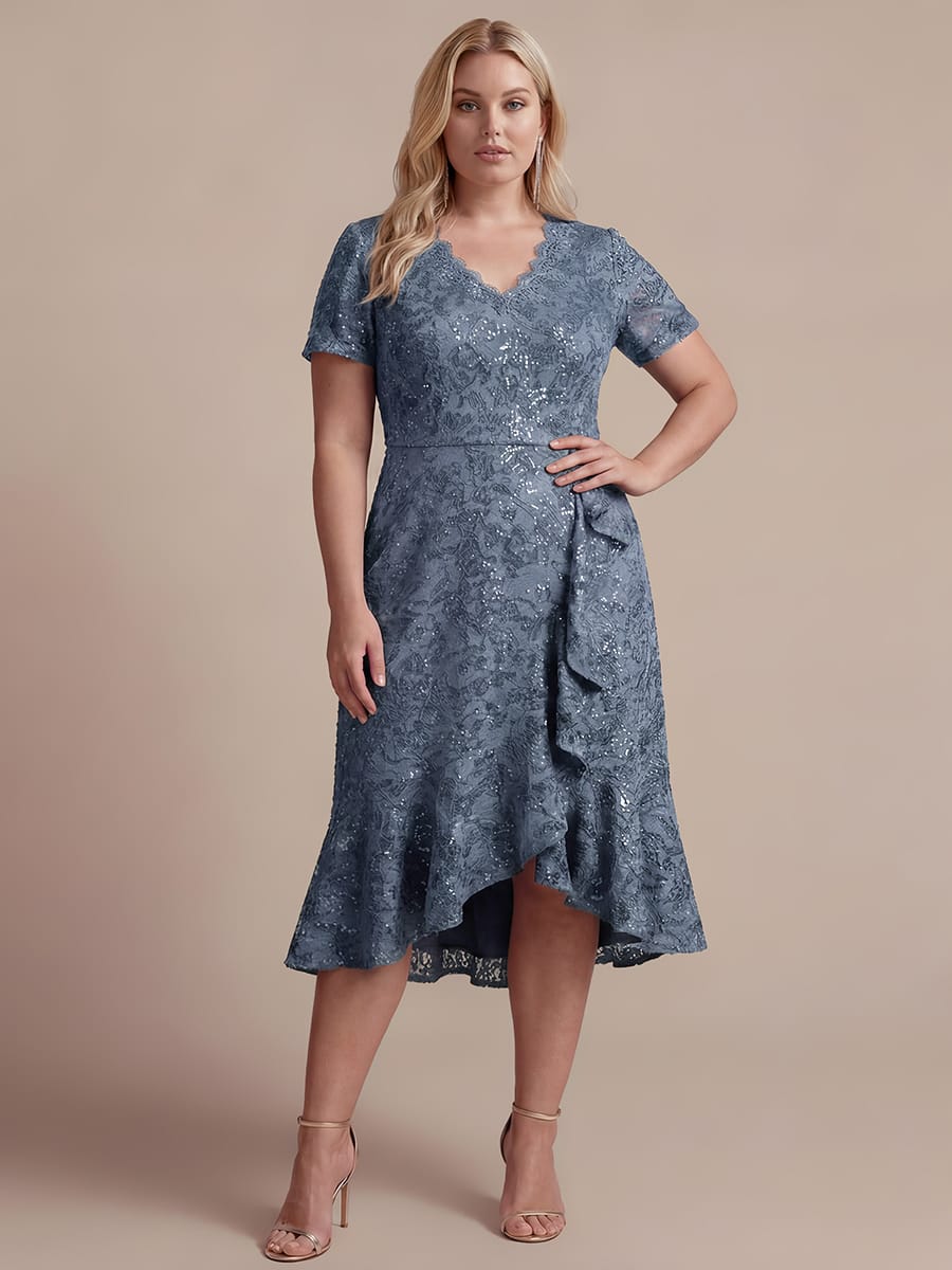 Sequin Lace Puff Sleeve Dress #color_Dusty Blue