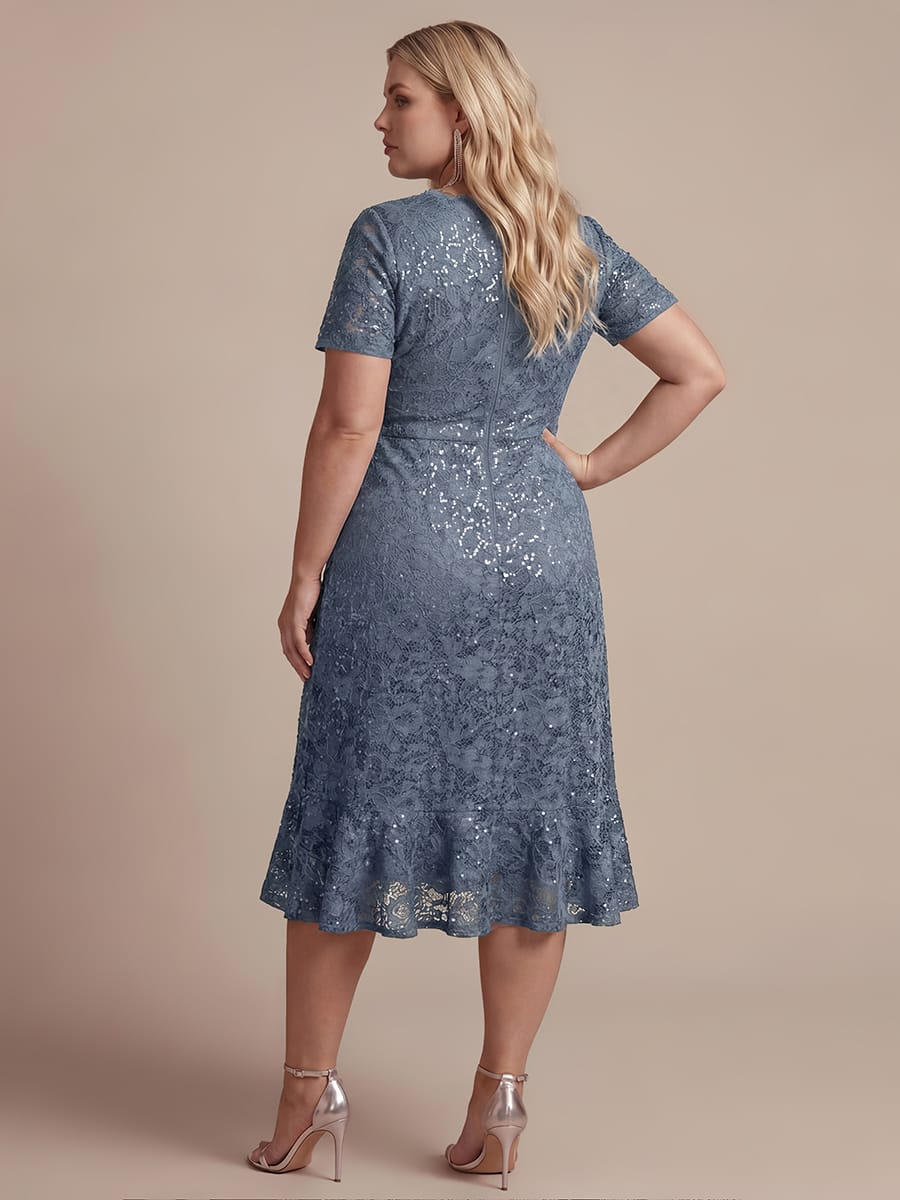Sequin Lace Puff Sleeve Dress #color_Dusty Blue