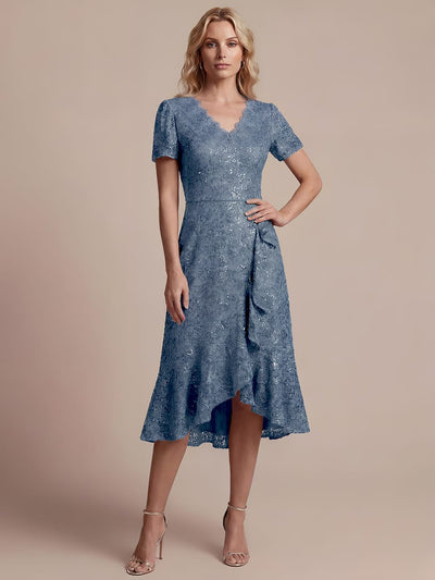 Elegant Ruched Sleeve Sequin Lace V-Neck High-Low Hem Formal Gown