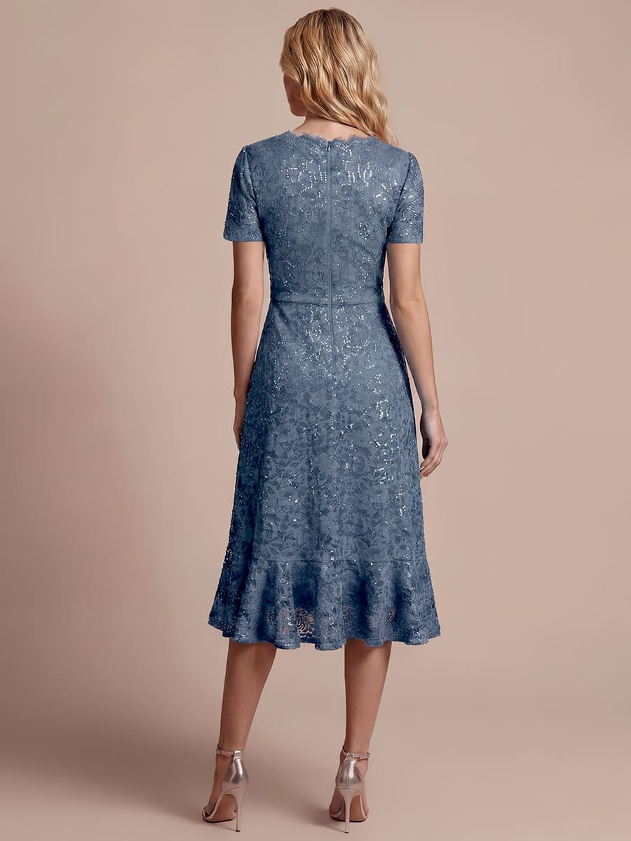 Sequin Lace Puff Sleeve Dress #color_Dusty Blue