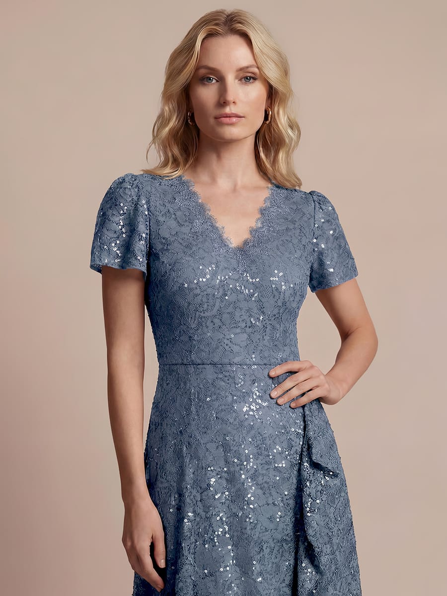 Sequin Lace Puff Sleeve Dress #color_Dusty Blue