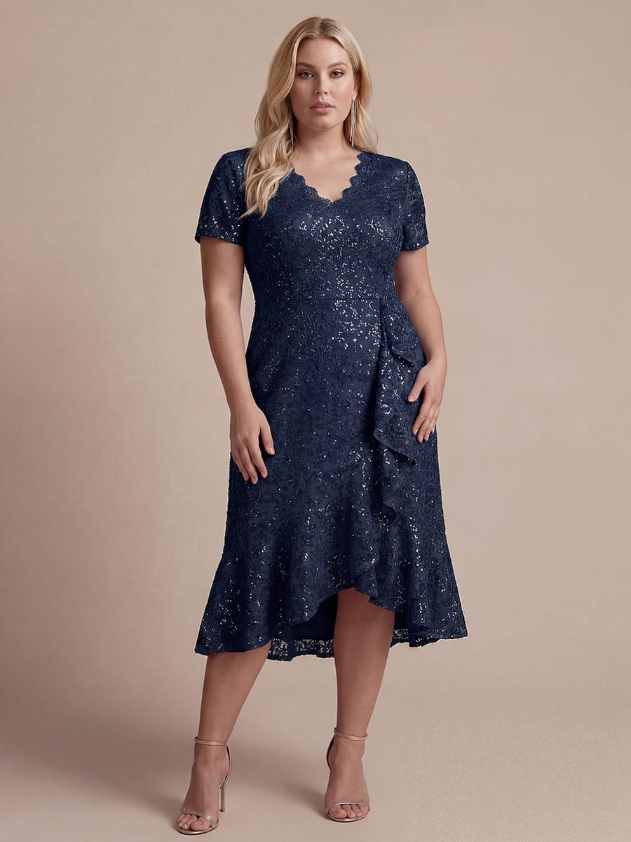 Sequin Lace Puff Sleeve Dress #color_Navy Blue