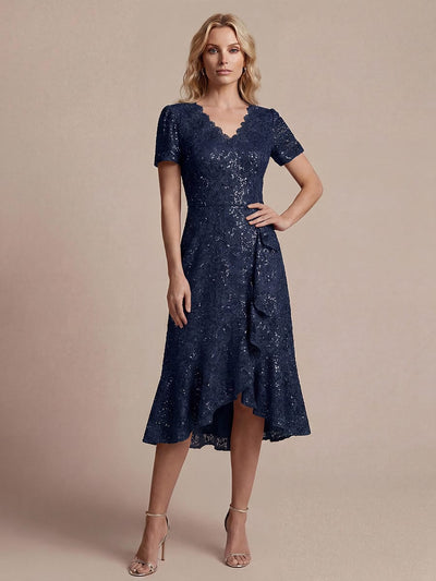 Elegant Ruched Sleeve Sequin Lace V-Neck High-Low Hem Formal Gown