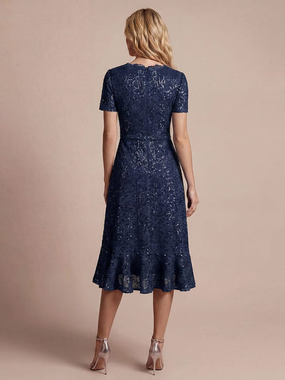 Elegant Ruched Sleeve Sequin Lace V-Neck High-Low Hem Formal Gown