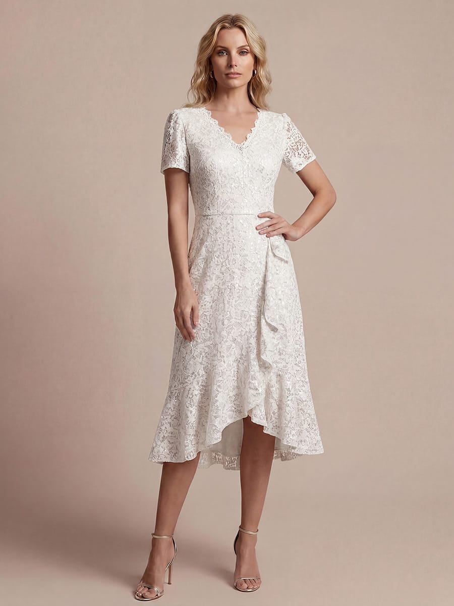 Sequin Lace Puff Sleeve Dress #color_White