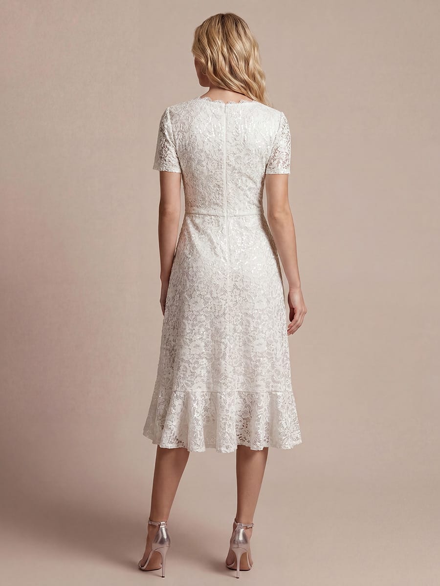 Sequin Lace Puff Sleeve Dress #color_White