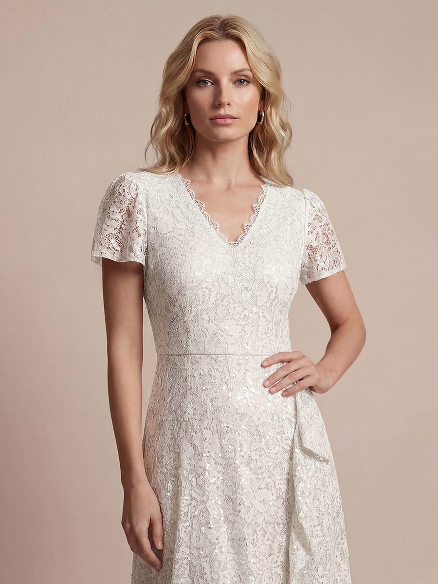 Sequin Lace Puff Sleeve Dress #color_White