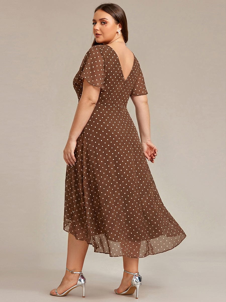 High Low Chiffon Wedding Guest Dress with V-Neck and Ruffle Sleeves #color_Brown Polka Dots