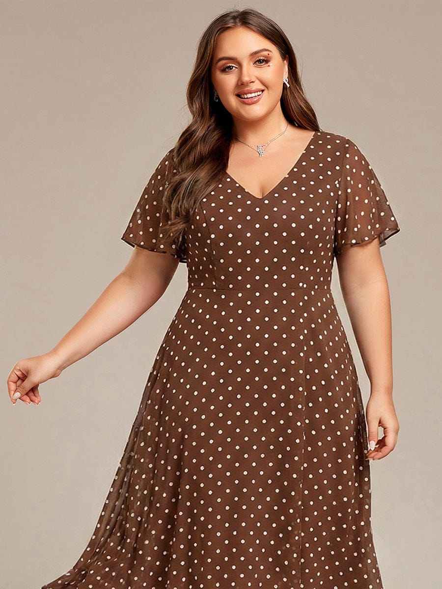 High Low Chiffon Wedding Guest Dress with V-Neck and Ruffle Sleeves #color_Brown Polka Dots
