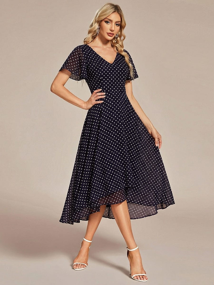 High Low Chiffon Wedding Guest Dress with V-Neck and Ruffle Sleeves #color_Navy Blue Polka Dots