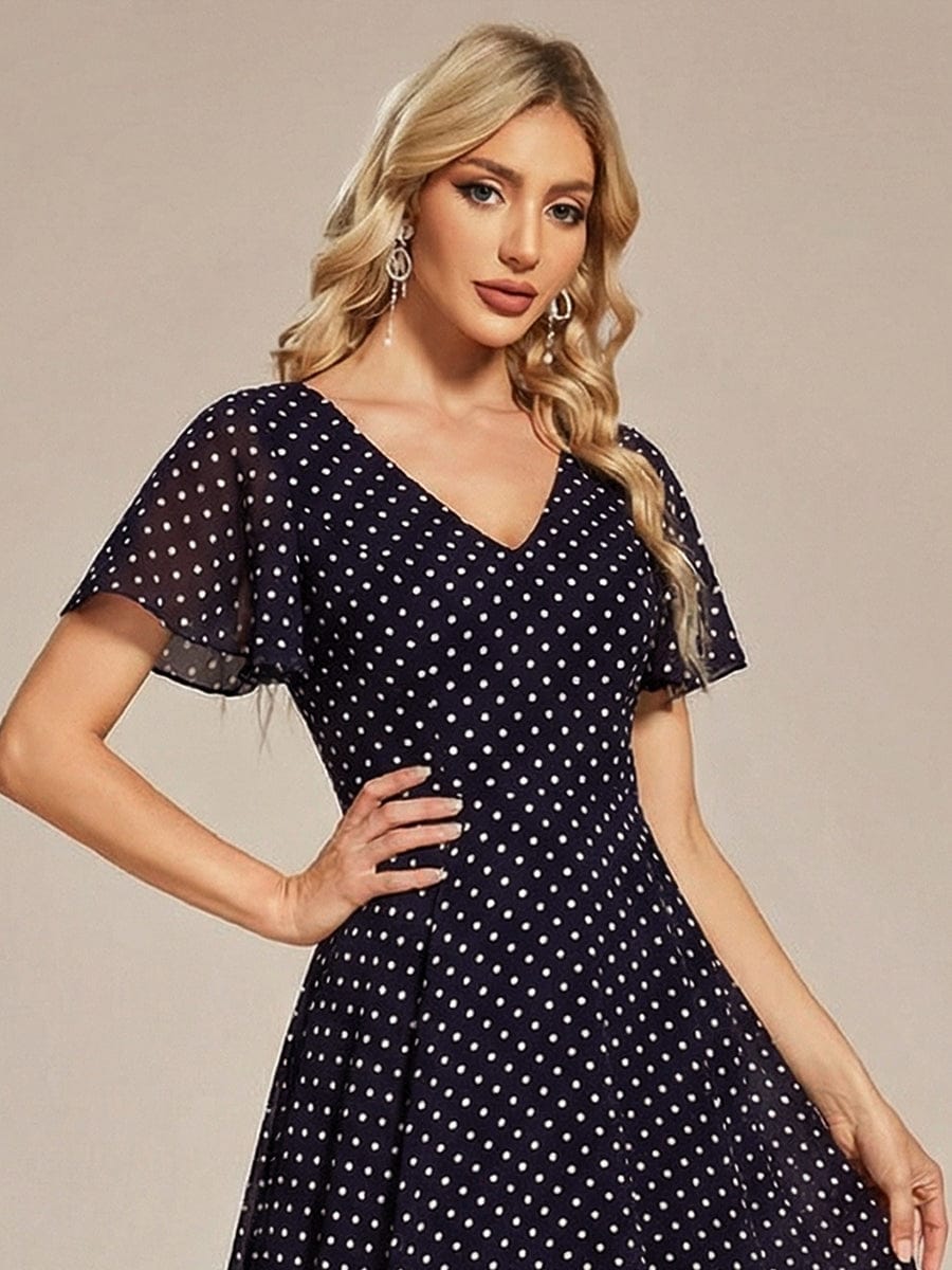 High Low Chiffon Wedding Guest Dress with V-Neck and Ruffle Sleeves #color_Navy Blue Polka Dots